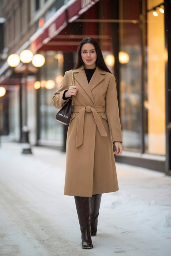 Belted Wool Coat + Knee-High Boots