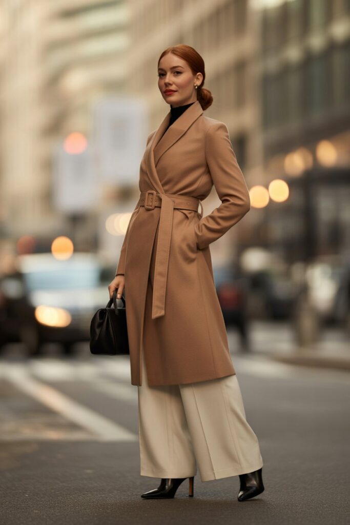Belted Wrap Coat + Wide-Leg Trousers + Heeled Boots For Classic Elegance