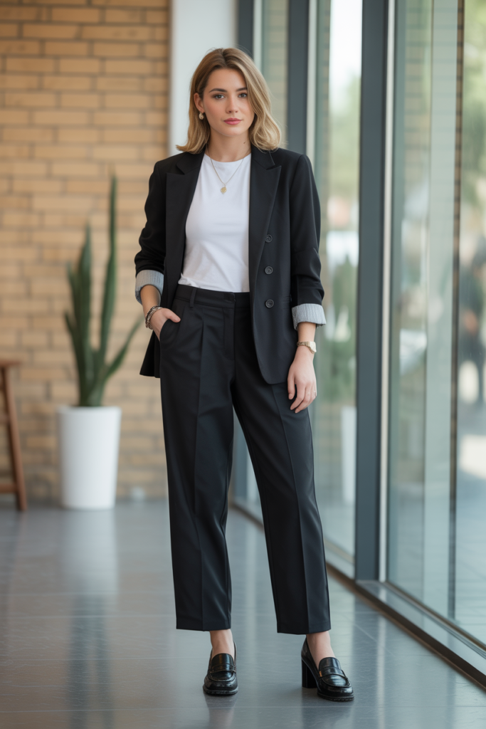 Black Blazer + White Tee + Trousers