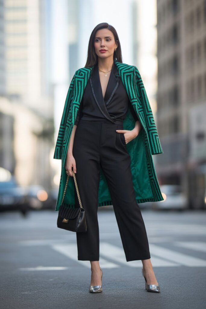 Black Jumpsuit + Statement Coat For Effortless Chic