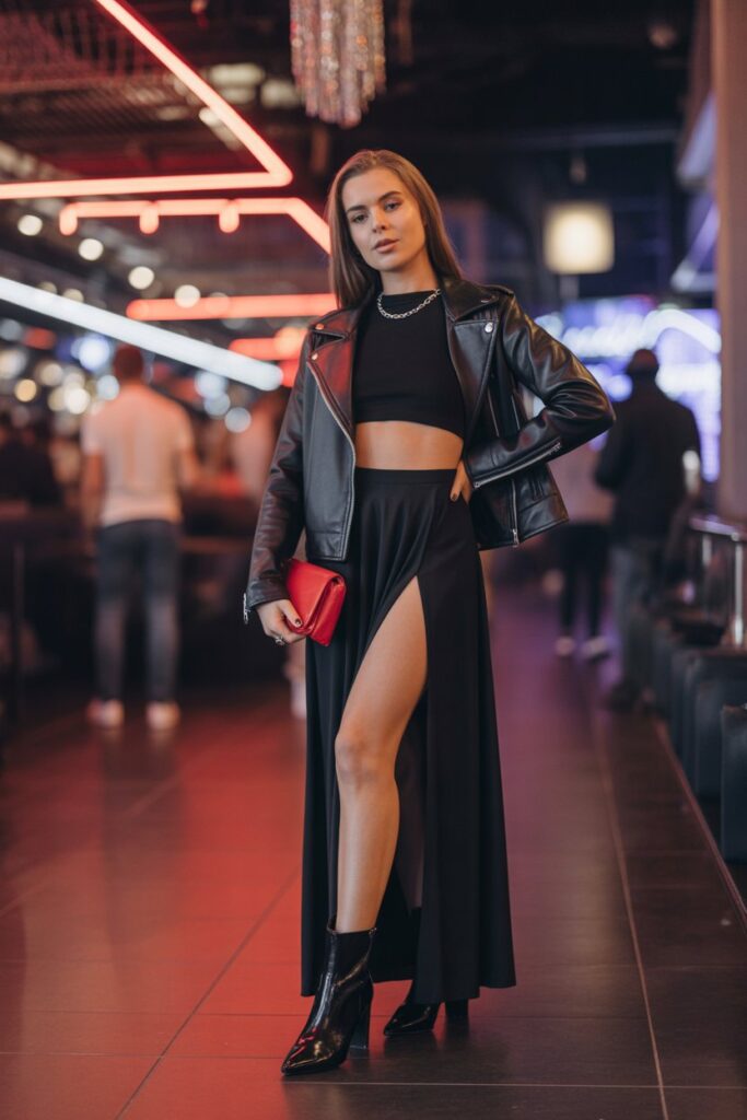 Black Maxi Skirt + Leather Jacket For Night Out Cool