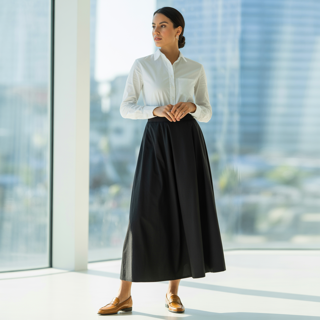 Black Maxi Skirt with a White Button-Down