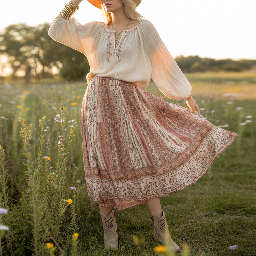 Boho Print Skirt with a Peasant Blouse