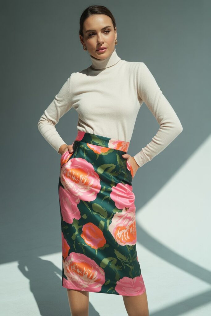 Bold Printed Pencil Skirt With A Neutral Top