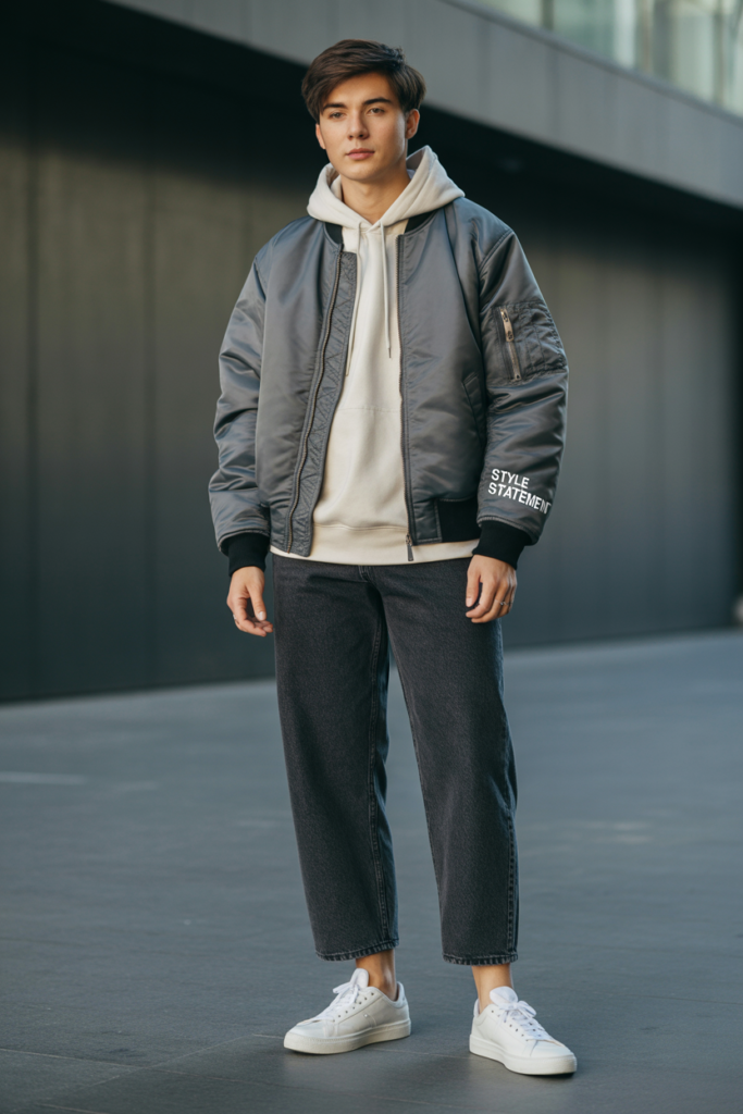 Bomber Jacket + Hoodie + Straight-Leg Jeans
