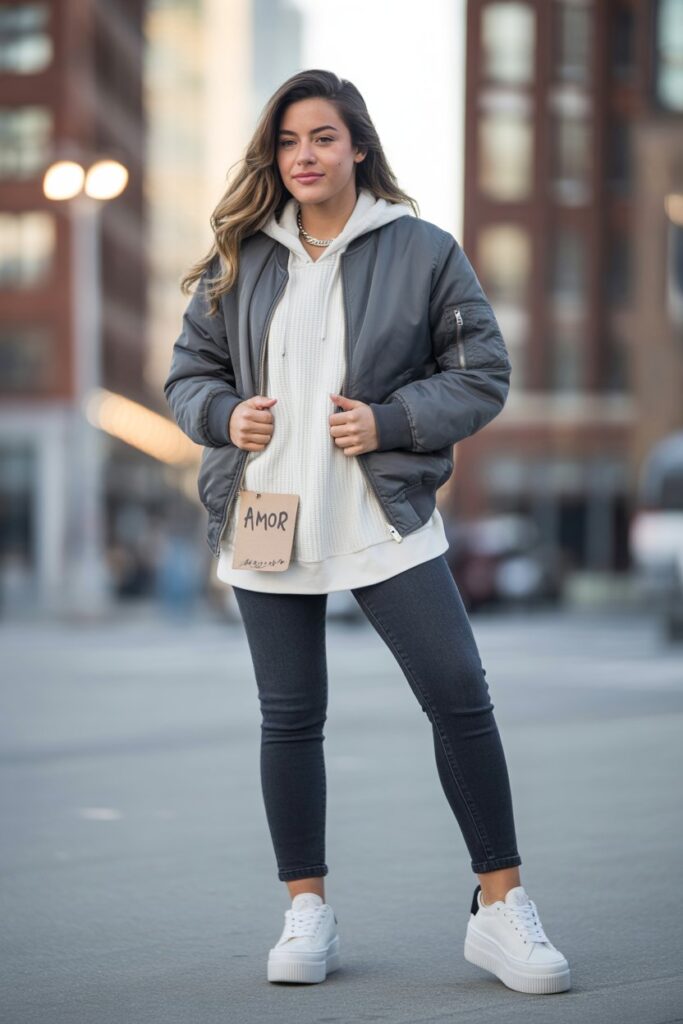 Bomber Jacket + Knit Hoodie + Skinny Jeans