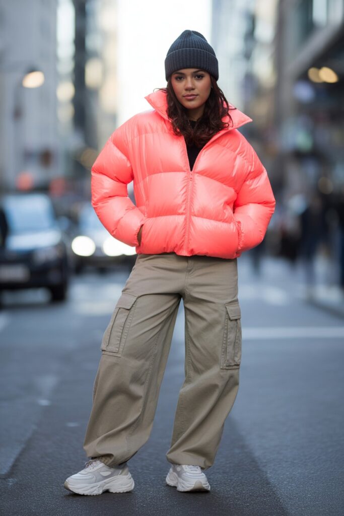 Bright Puffer Jacket + Cargo Pants + Beanie