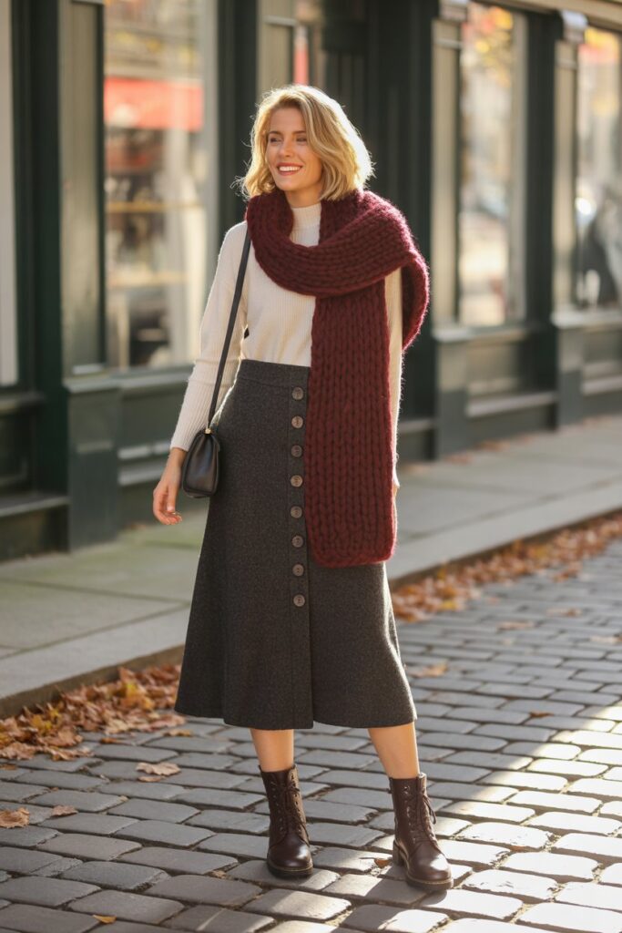 Button-Front Skirt + Chunky Scarf