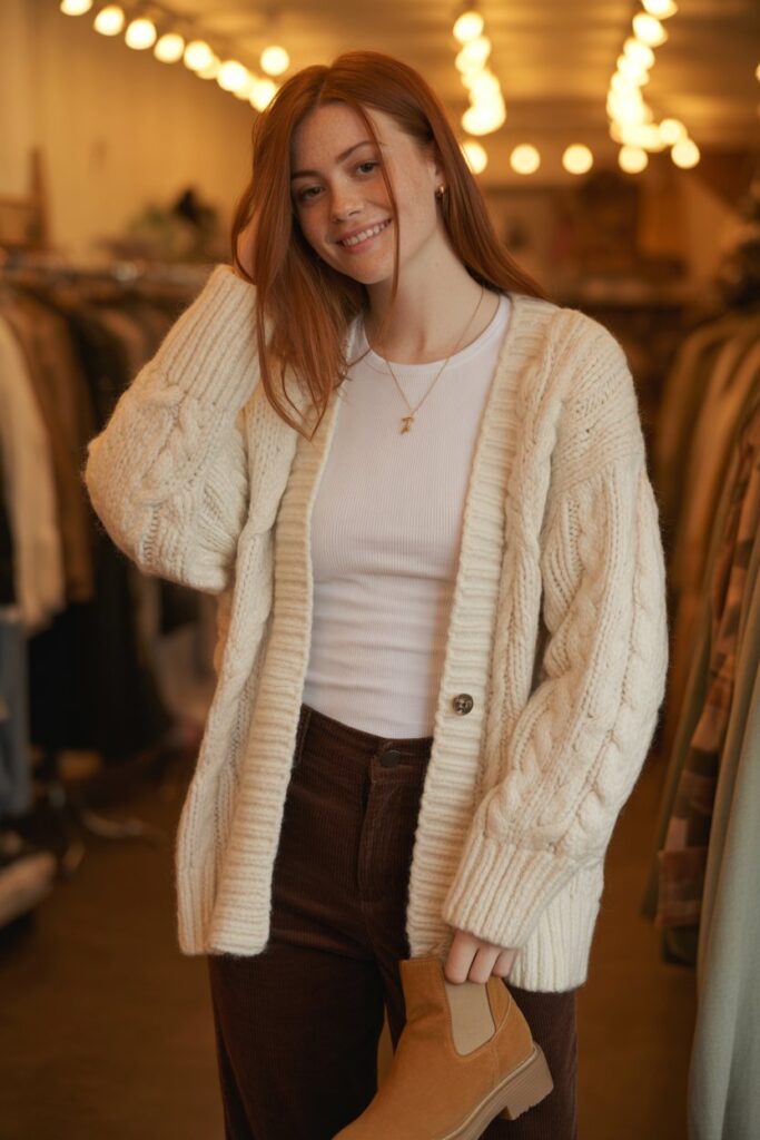 Cable Knit Cardigan + Corduroy Pants