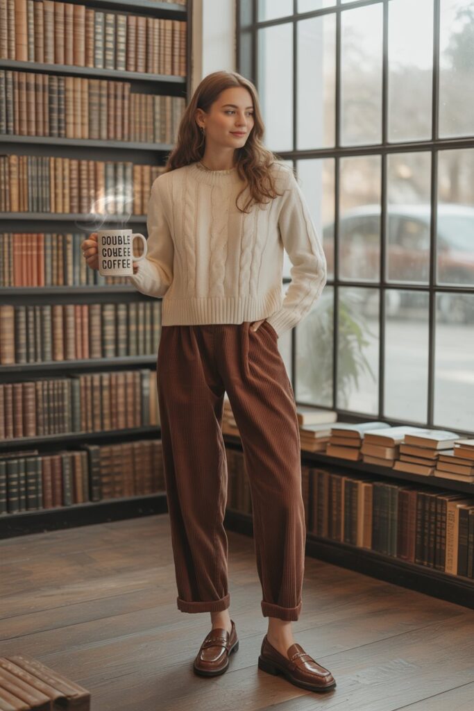 Cable Knit Sweater + Corduroy Pants + Loafers For Retro Warmth