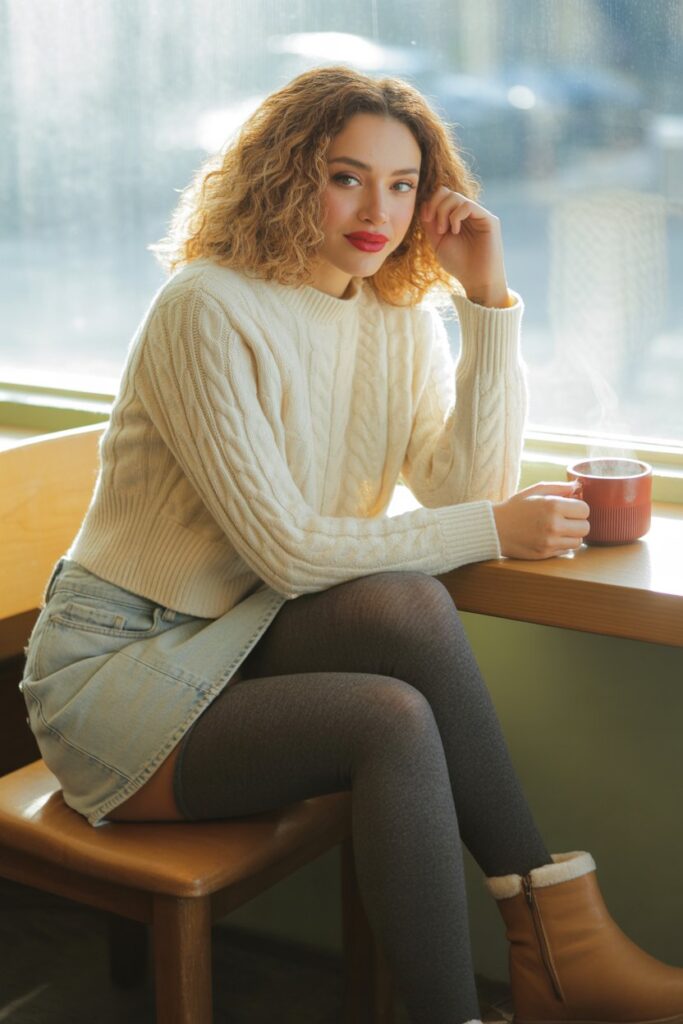 Cable Knit Sweater + Denim Mini + Tights