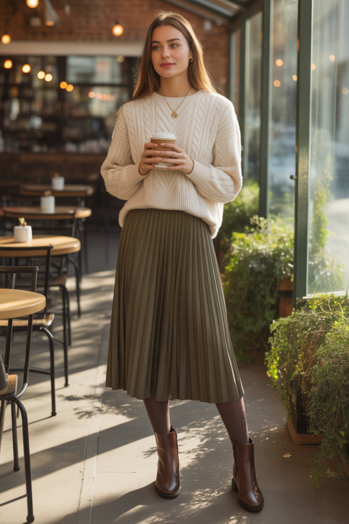 Cable-Knit Sweater + Midi Skirt + Boots