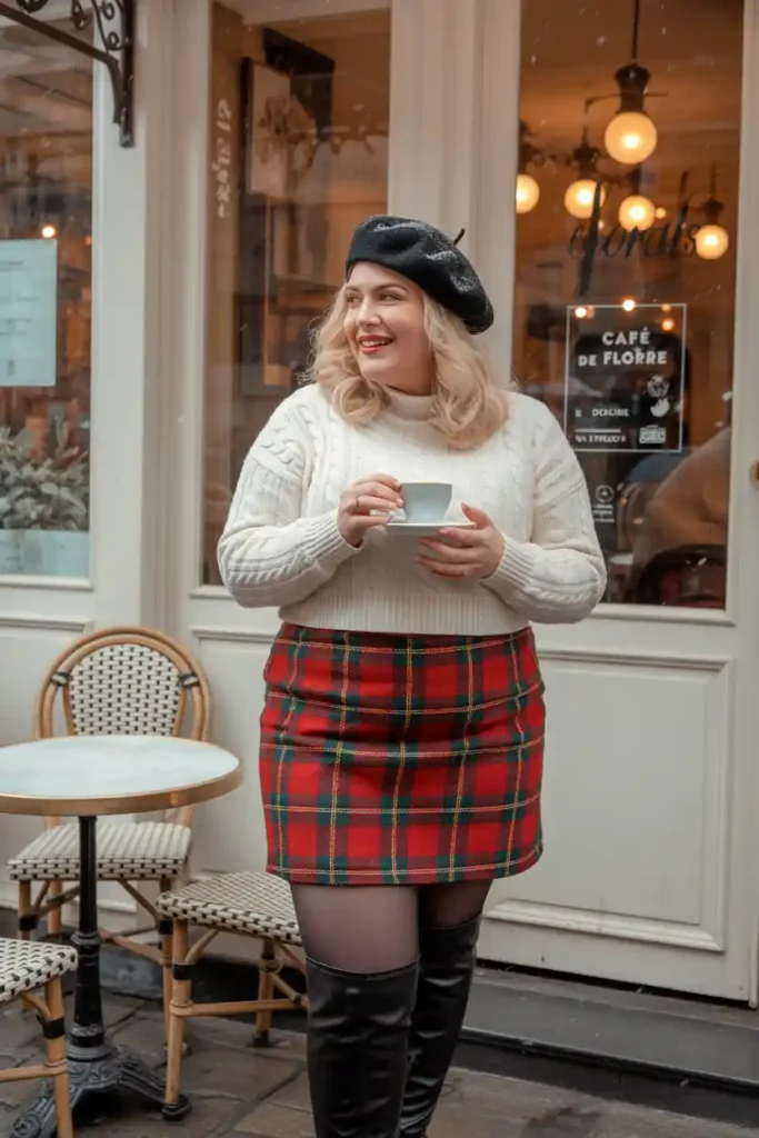 Cable Knit Sweater + Plaid Mini Skirt