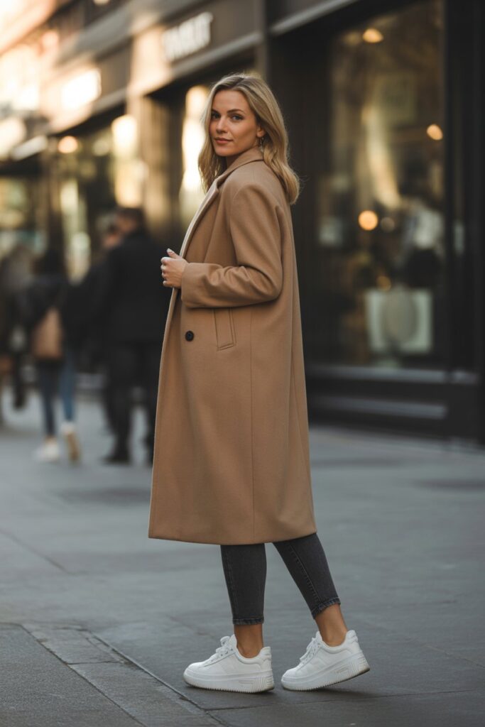 Camel Coat + White Sneakers