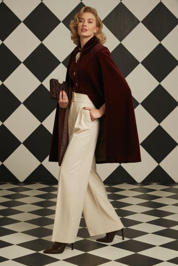 Cape Coat + High-Waisted Trousers + Heeled Booties For Vintage Glam