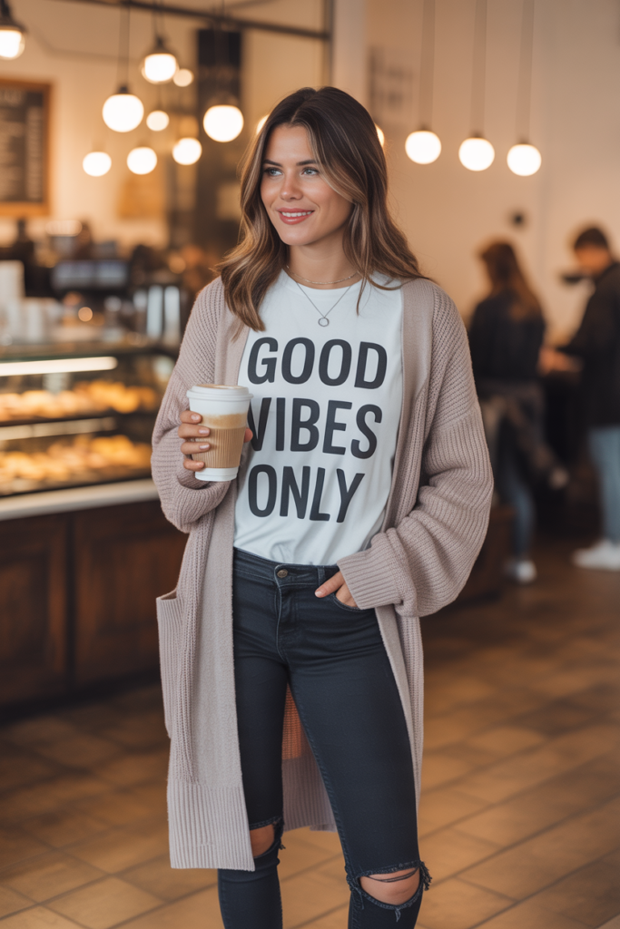 Cardigan + Graphic Tee + Skinny Jeans