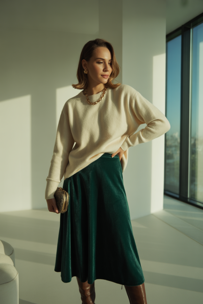 Cashmere Sweater + Midi Slip Skirt + Tall Boots