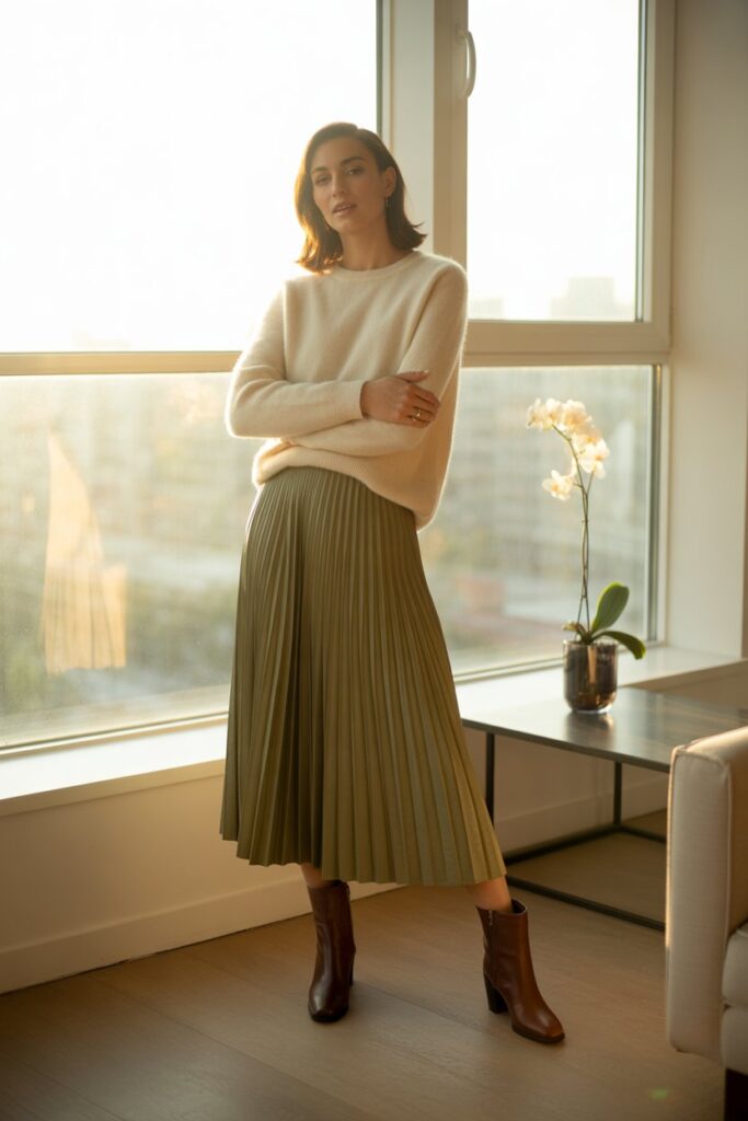 Cashmere Sweater + Pleated Midi Skirt + Ankle Boots For Dressy Comfort