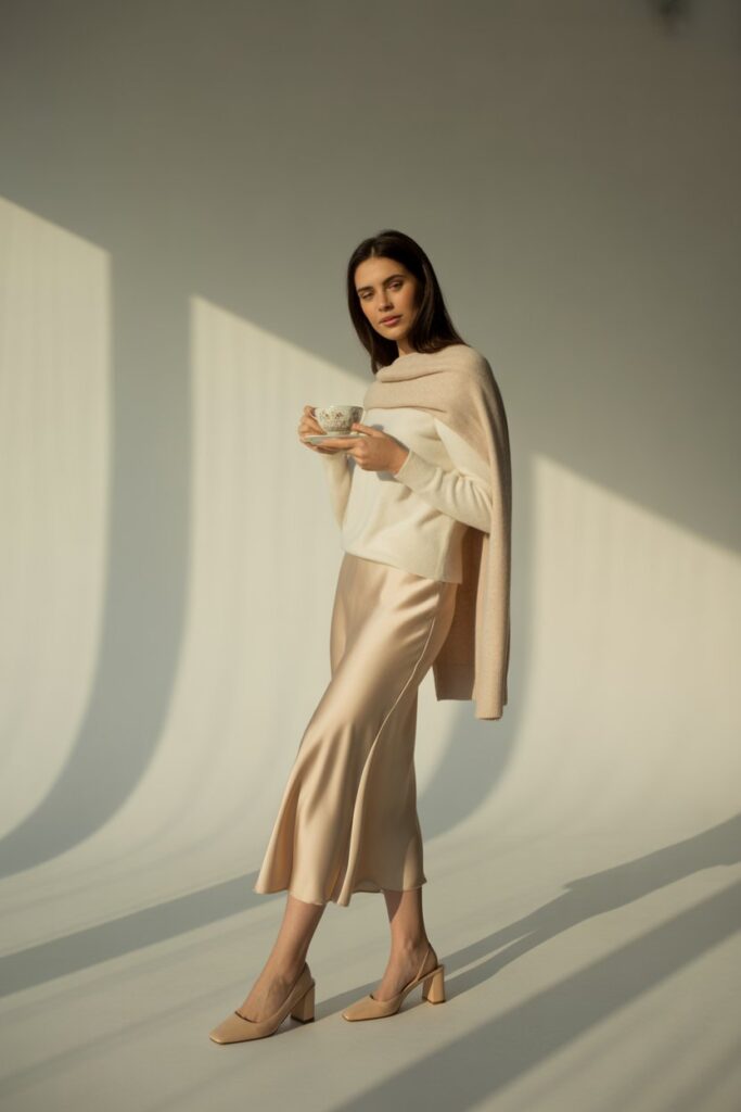 Cashmere Sweater + Slip Skirt + Block Heels For Minimalist Chic
