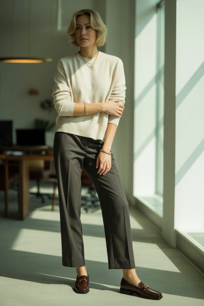 Cashmere Sweater + Tailored Trousers + Loafers For Polished Minimalism