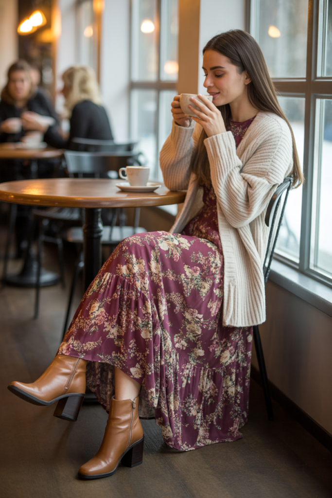 Chunky Cardigan + Floral Maxi Dress + Heeled Boots For Winter Romance