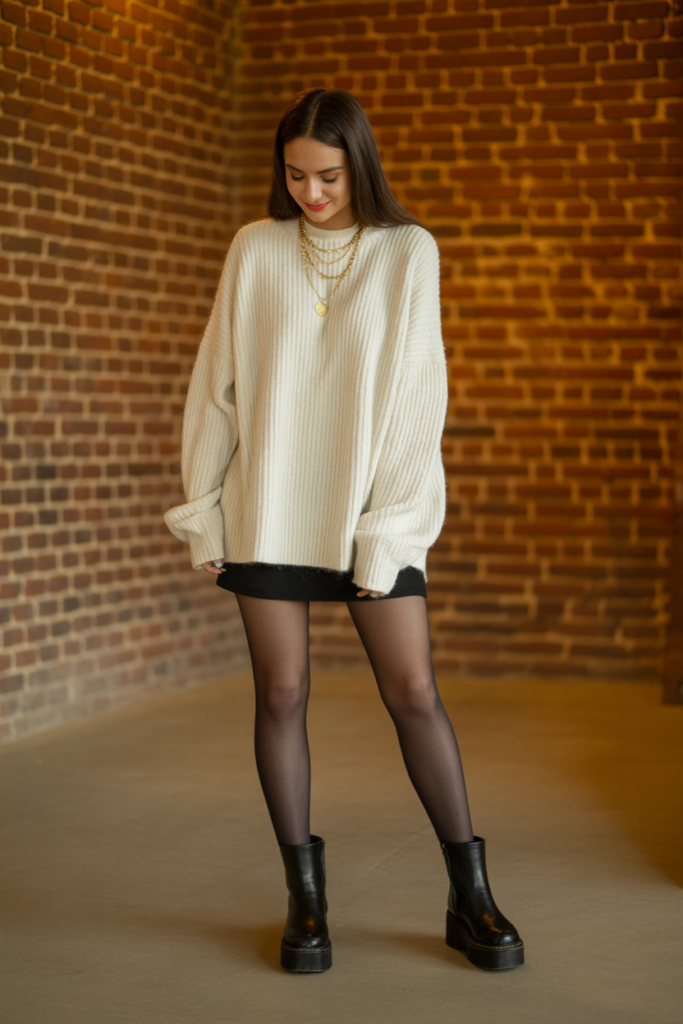 Chunky Sweater + Mini Skirt + Tights For Sweet + Spicy