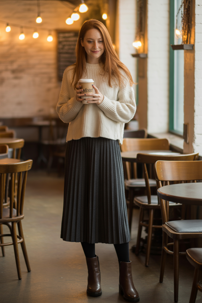 Chunky Sweater + Pleated Skirt + Tights