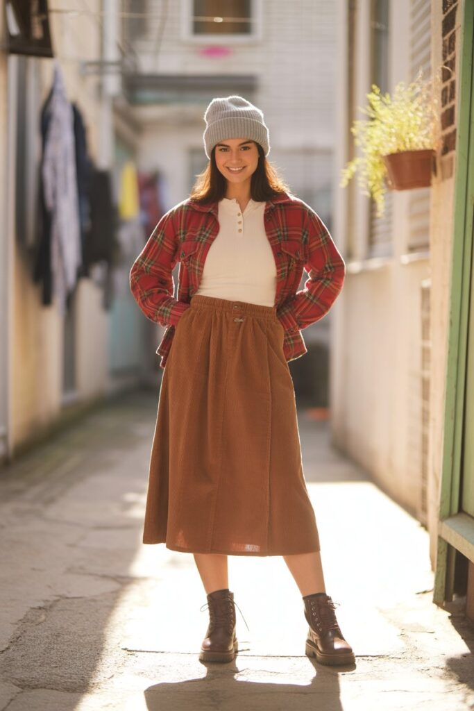 Corduroy Midi Skirt + Henley + Shacket