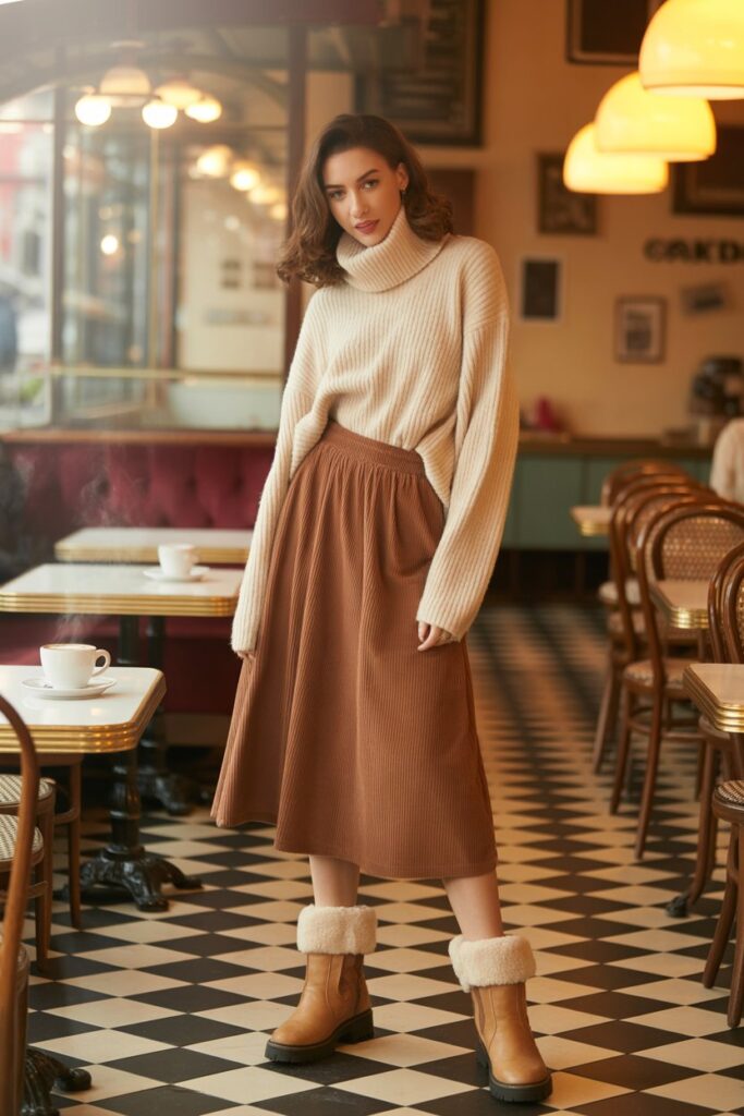Corduroy Skirt + Oversized Turtleneck + Shearling Boots For Retro Appeal