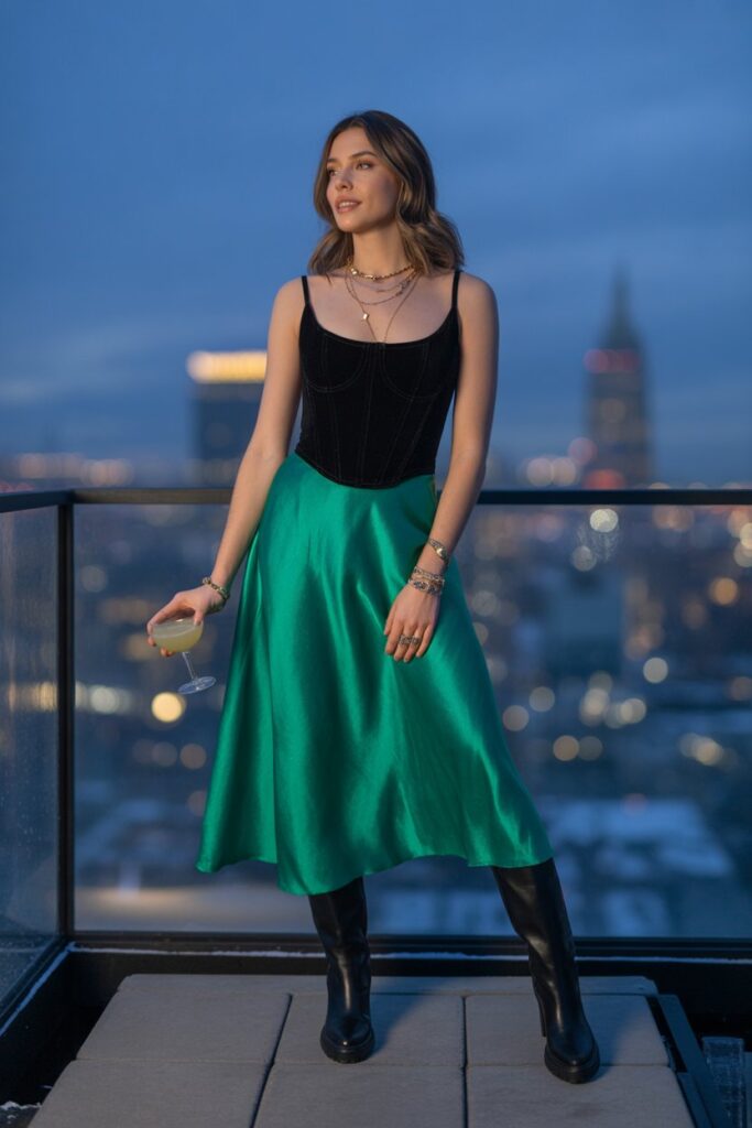 Corset Top + Satin Midi Skirt + Tall Boots For Sophisticated Edge