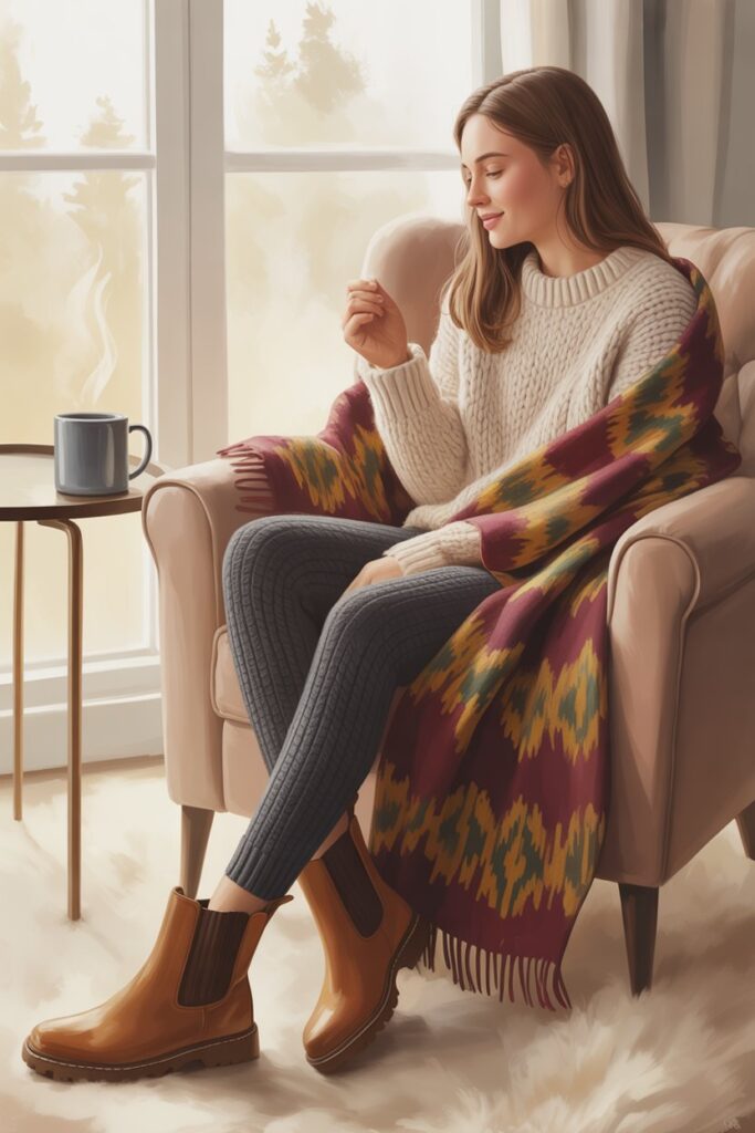 Crewneck Sweater + Scarf + Knit Leggings