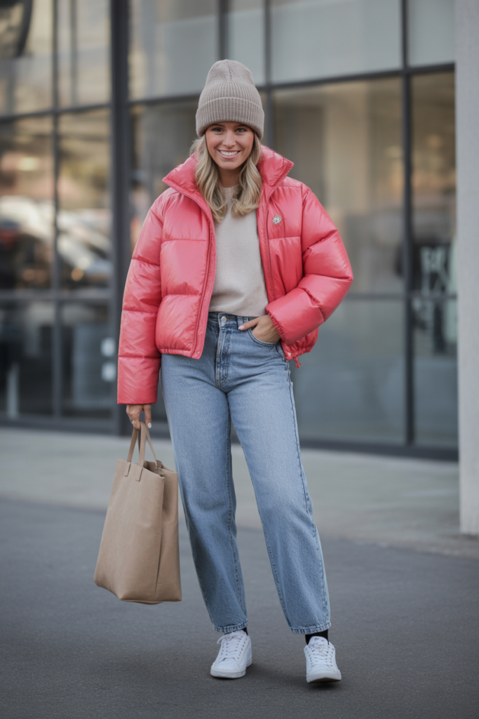 Cropped Puffer Jacket + High-Waist Jeans