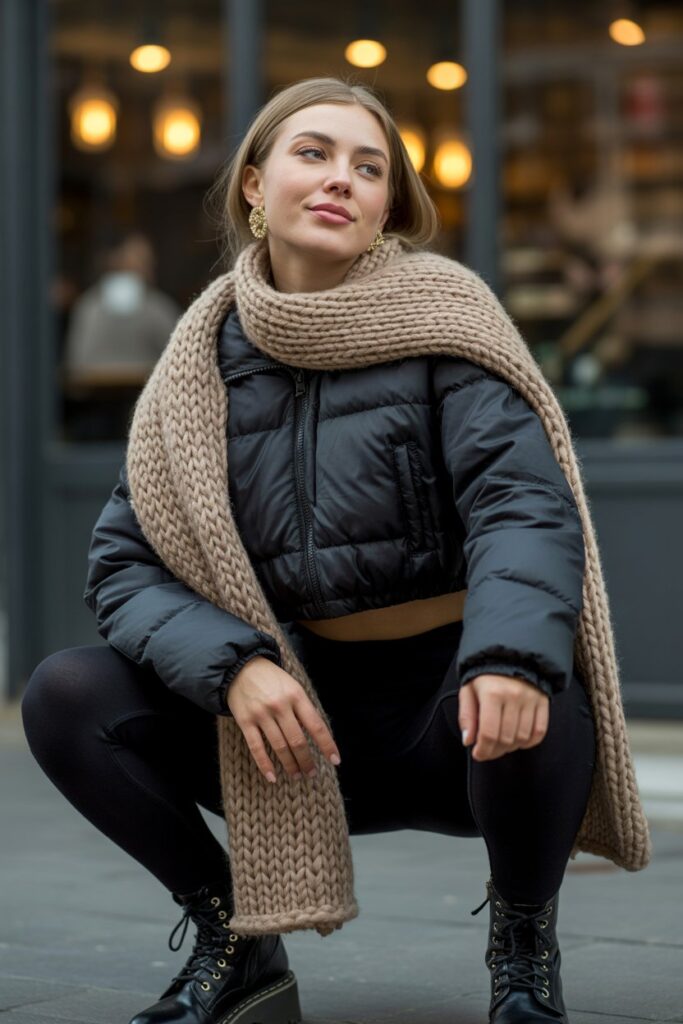 Cropped Puffer + Leggings + Chunky Scarf