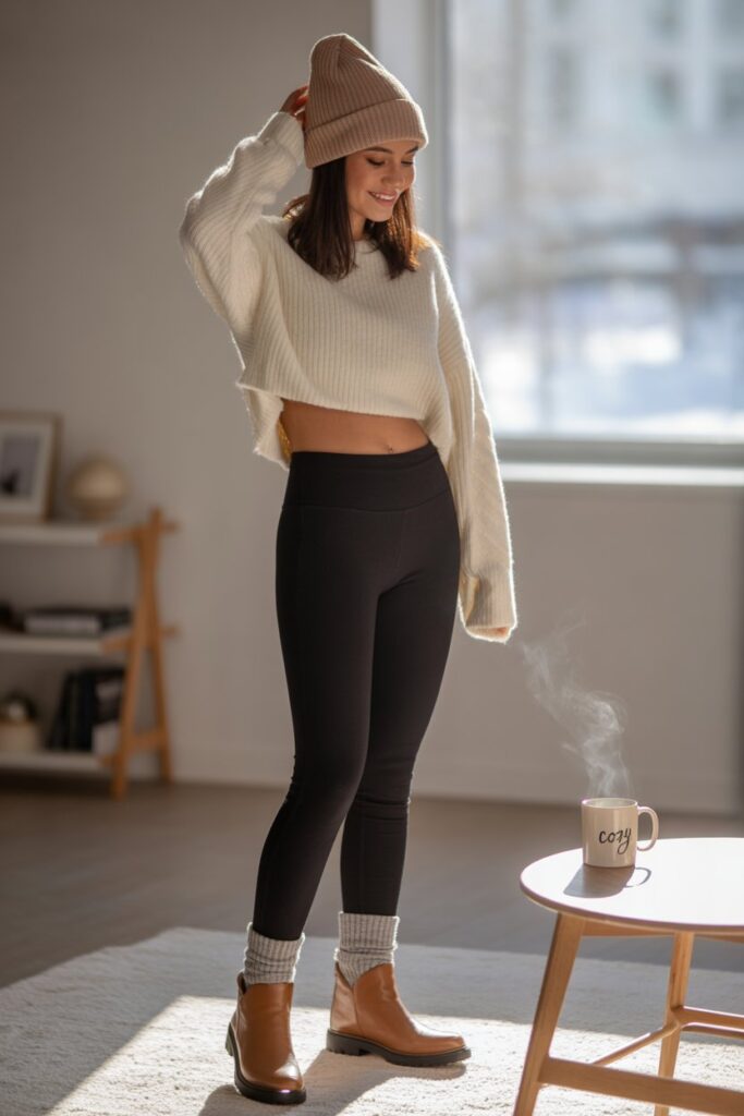 Cropped Sweater + High-Waist Leggings + Beanie