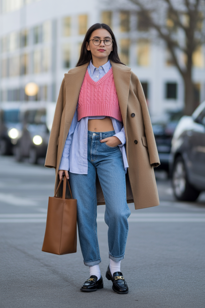 Cropped Sweater + Layered Shirt + Jeans