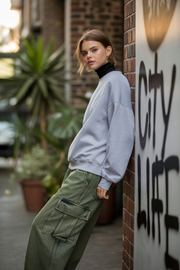 Cropped Sweatshirt + Turtleneck + Cargo Jeans