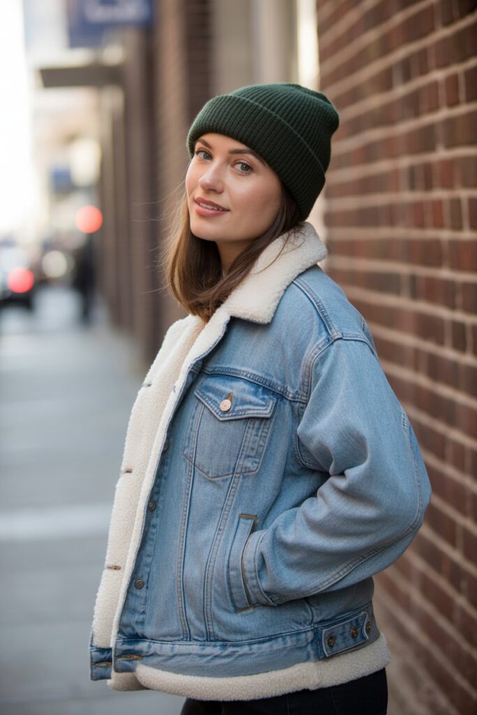 Denim Jacket + Shearling Lining + Knit Beanie