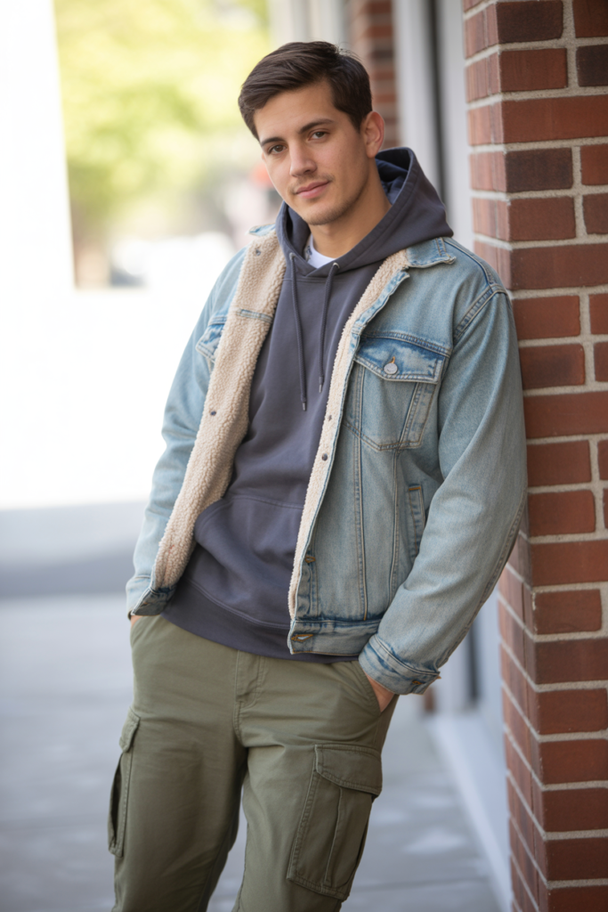 Denim Jacket (Sherpa-Lined) + Hoodie + Cargo Joggers