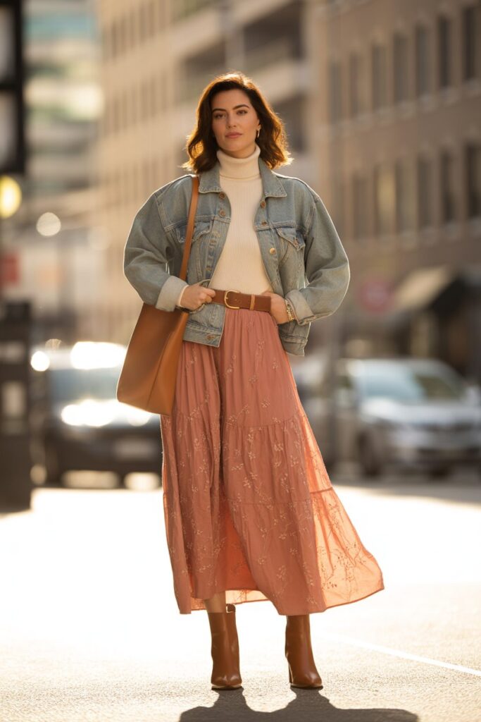 Denim Jacket + Turtleneck + Maxi Skirt