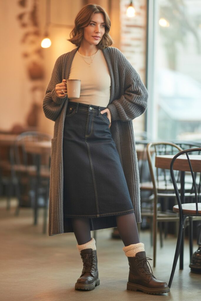 Denim Skirt + Longline Cardigan