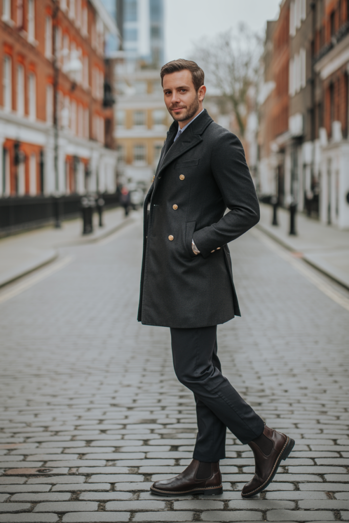 Double-Breasted Coat + Chelsea Boots