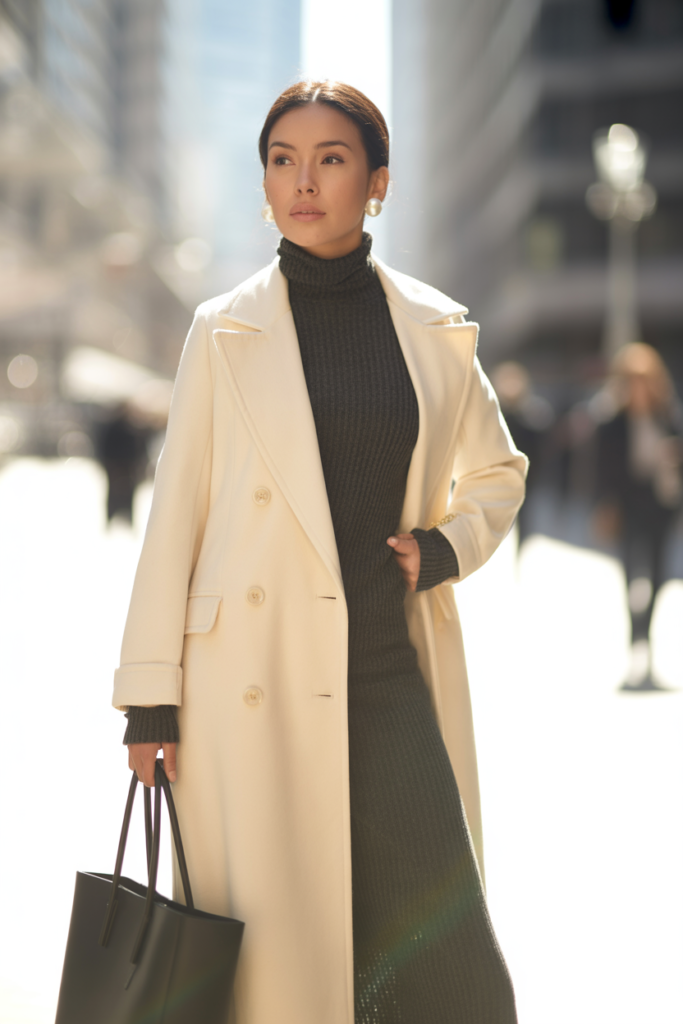 Double-Breasted Coat + Knit Dress