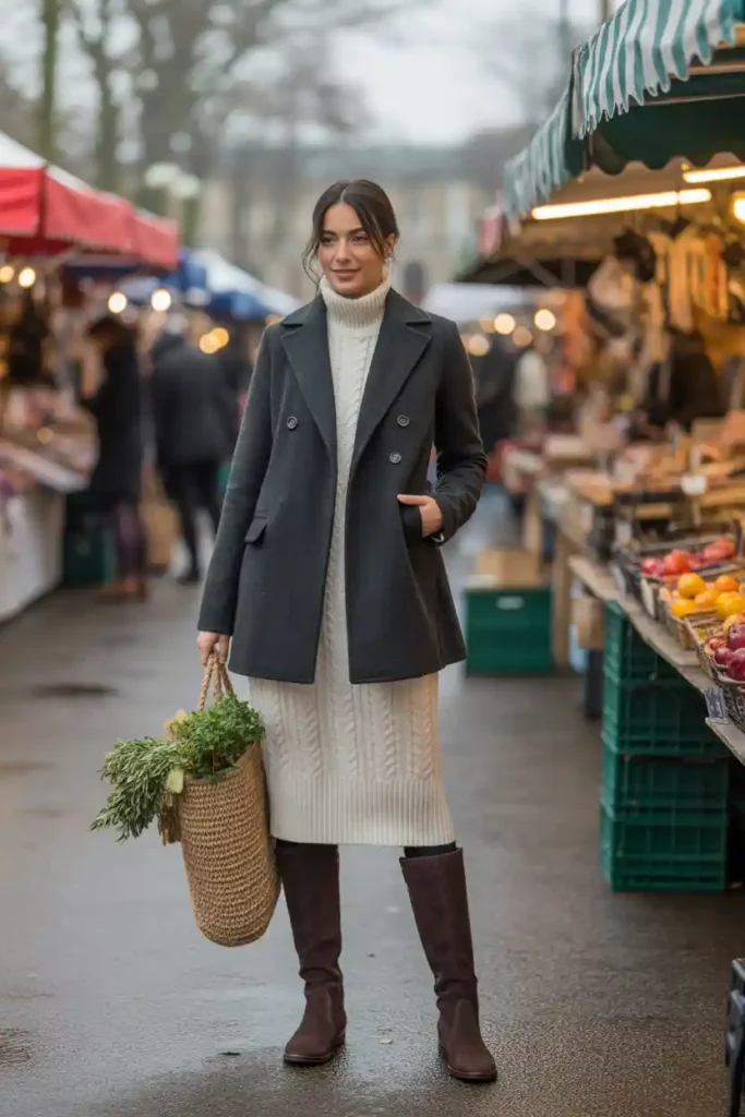 Double-Breasted Coat + Knit Dress + Tall Suede Boots For Outdoor Markets