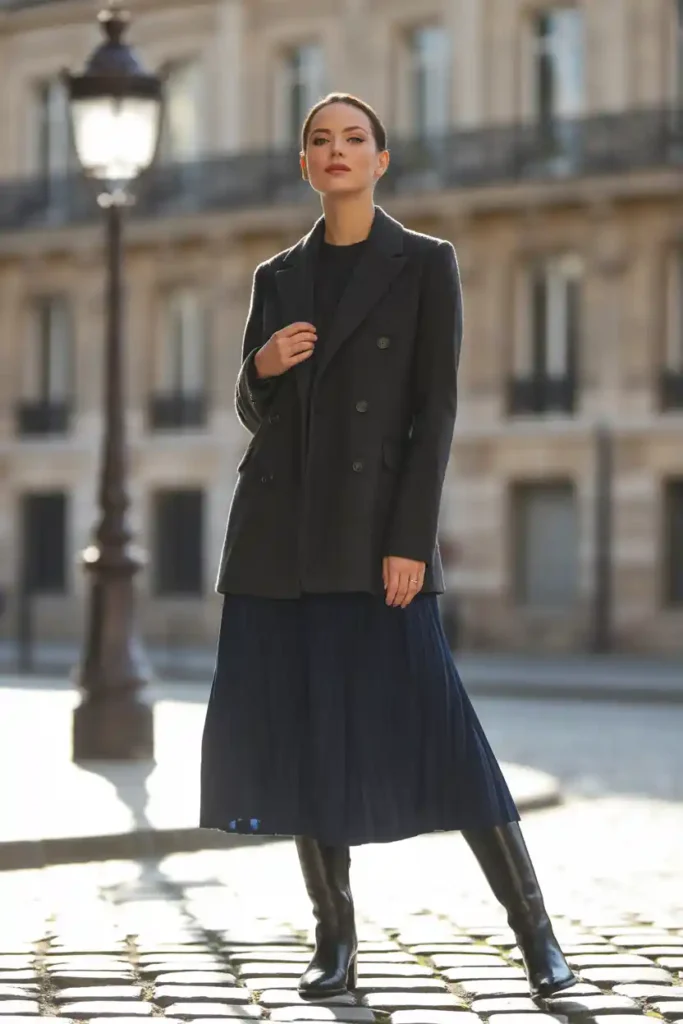 Double-Breasted Coat + Pleated Skirt + Knee-High Boots For Classic Elegance