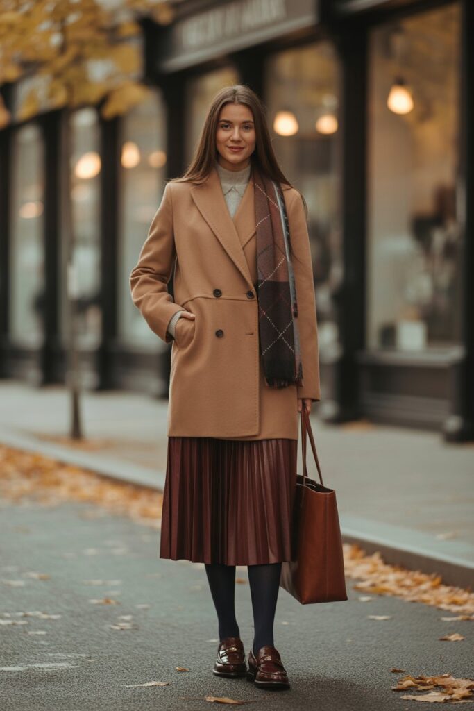 Double-Breasted Coat + Pleated Skirt + Loafers