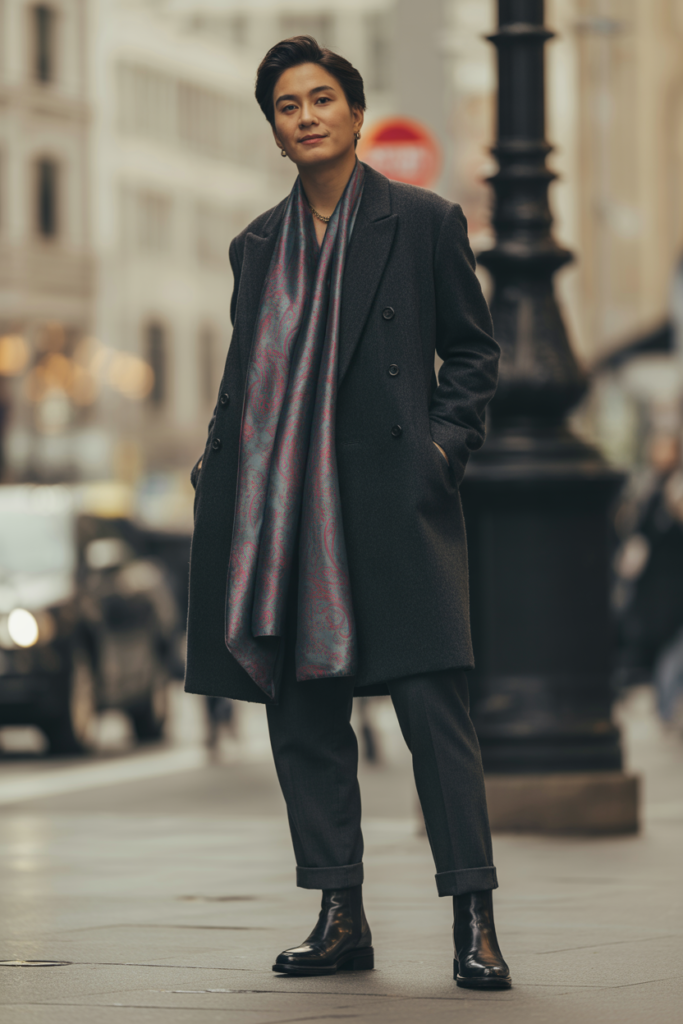 Double-Breasted Coat + Trousers + Printed Scarf