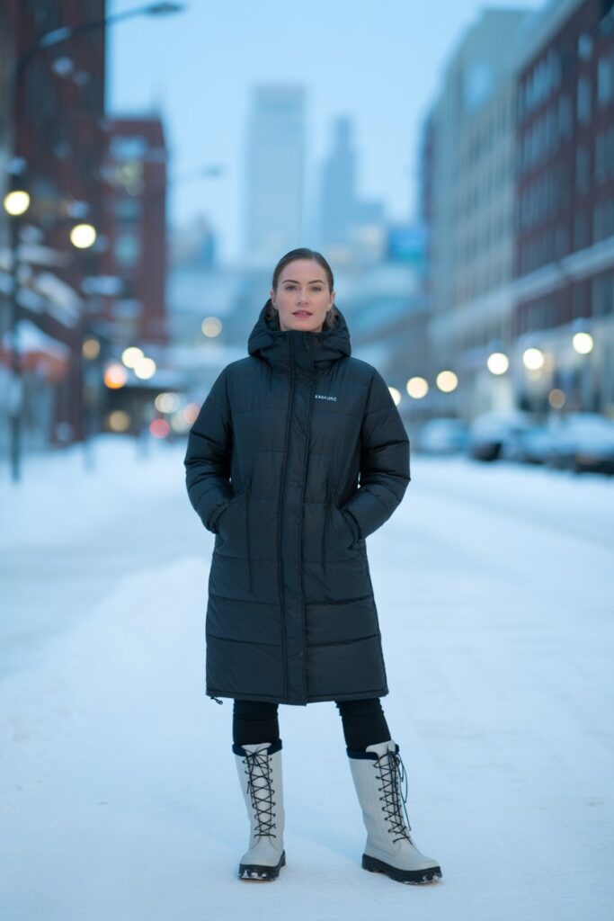 Down Parka + Snow Boots