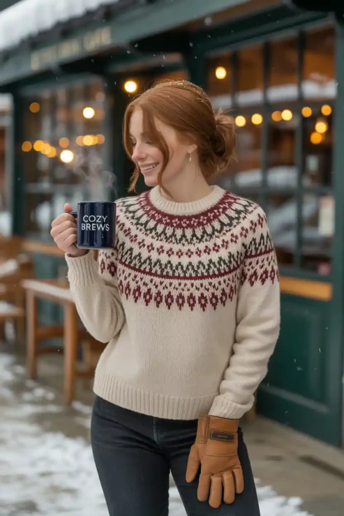 Fair Isle Sweater + Dark Wash Jeans + Hiking Boots For Cozy Outdoor Cafés