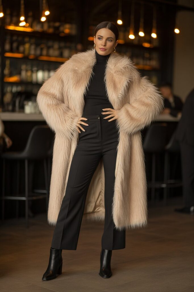 Faux Fur Coat + All-Black Ensemble
