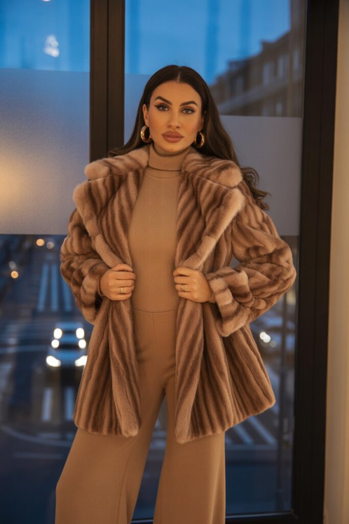 Faux Fur Coat + Monochrome Knit Set + Hoop Earrings